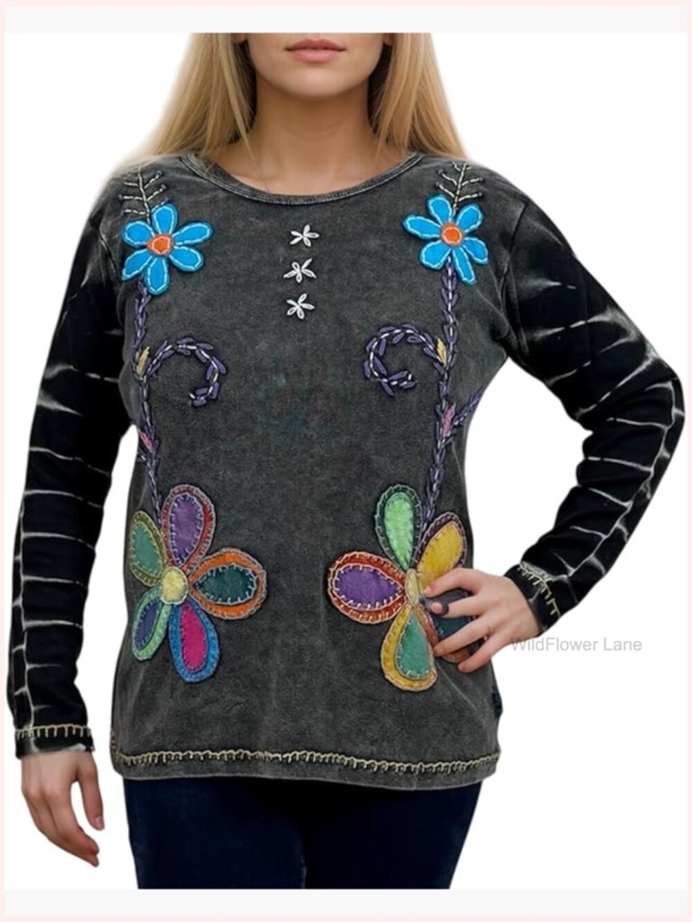 Embroidered Rib Knit Cotton Boho Long Sleeve Blouse